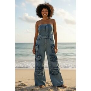 NWOT Spoon Jeans Women's Wide Leg DENIUM Cargo Size Large L One Piece Halter HOT